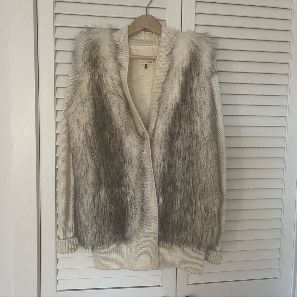 Rebecca Taylor Cream Cardigan with Gray Faux Fur